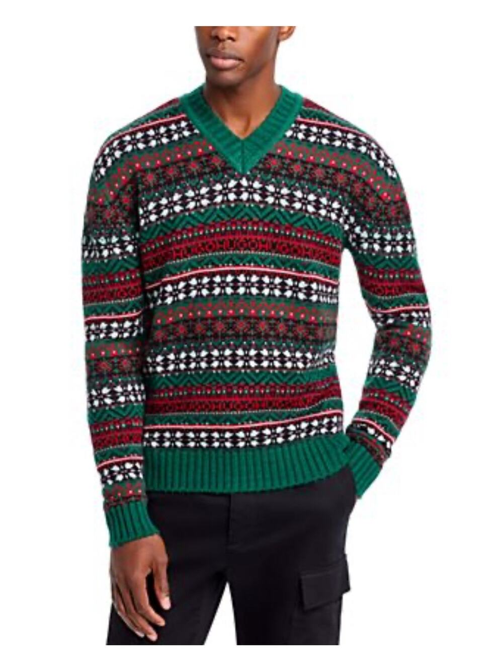 HUGO Sissoh Virgin Wool Blend Fair Isle Relaxed Fit V Neck Sweater Men's XXL